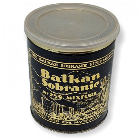 1980ca * Tin Jar, Box "BALKAN SOBRAINE, 759 Mixture, Black Label - Macedonian Tobacco" (B)