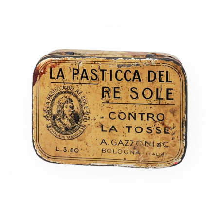ND * Tin Jar, Box "La Pasticca del Re Sole, Contro la Tosse - A. Gazzoni & C. Bologna" (B-)