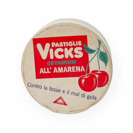1970ca * Tin Jar, Box "Vicks, Pastiglie all'Amarena - Cetamium - Laboratori Biochimici Farmaceutici Camillo Corvi Piacenza" (B)
