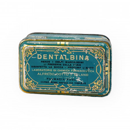 ND * Tin Jar, Box "Dentalbina, Rende i Denti Bianchissimi li Preserva dalla Carie Disinfetta La Bocca Profuma l'Alito - Alfredo Dotto – Milano" (B-)