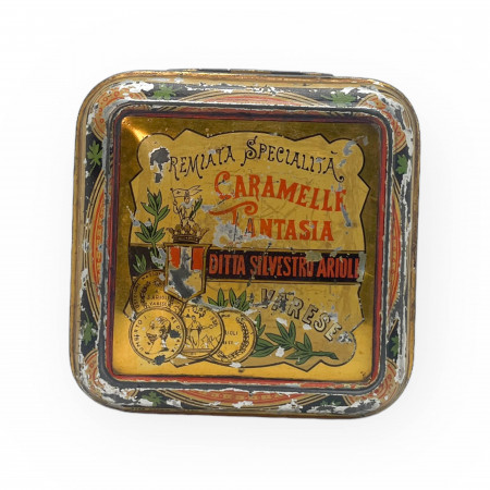 1920ca * Tin Jar, Box "Ditta Silvestro Arioli Varese - Premiata Specialità Caramelle Fantasia" (B-)