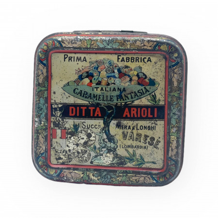 1920ca * Tin Jar, Box "Ditta Silvestro Arioli Varese - Premiata Specialità Caramelle Fantasia" (B-)