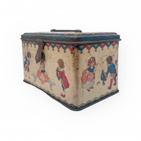 1920ca * Tin Jar, Box "Portaoggetti con Lucchetto - Bambini Nobili - Soc. Ligure Lav. Latta e Fabb. Conserve Genova Sampierdarena" (C)
