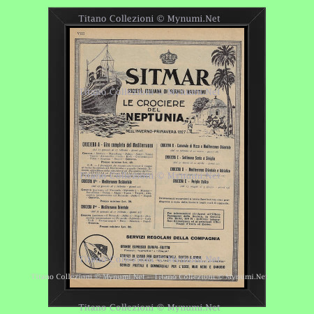 20's * Advertising Original "Sitmar, Società Italiana di Servizi Marittimi, Le Crociere del Neptunia" Frame