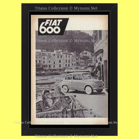1957 * Original Advertisement 'Fiat - 600, Car at the Harbor with Fisherwoman' Framed
