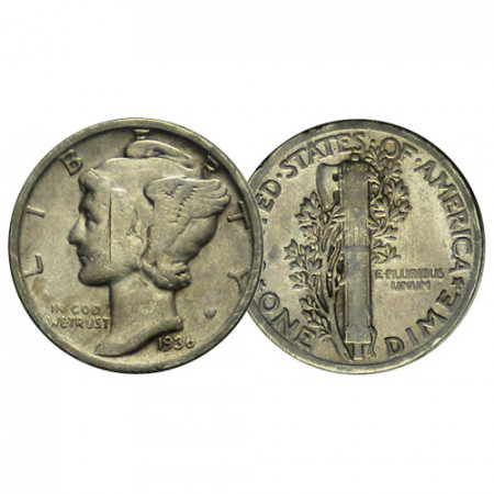 1936 P * 10 Cents (Dime) Silver Dollar United States "Mercury Dime" (KM 140) aVF