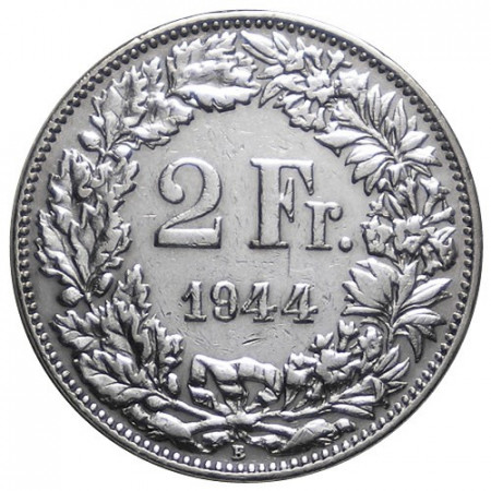 1944 B * 2 Francs Silver Switzerland "Standing Helvetia" (KM 21) XF