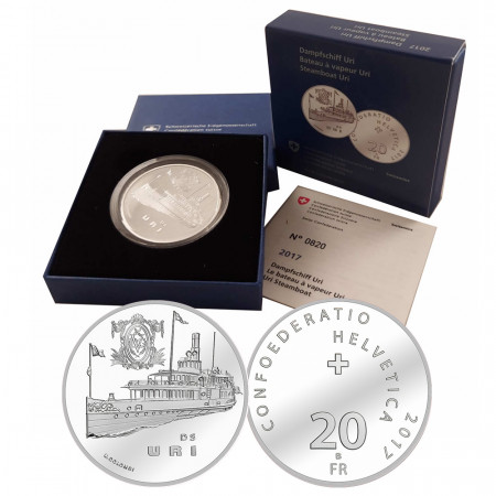 2017 * 20 Francs Silver Switzerland "Steamboat "Uri""  (KM 167) PROOF