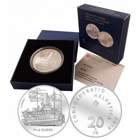 2018 * 20 Francs Silver Switzerland "Steamboat "La Suisse""  (KM New) PROOF