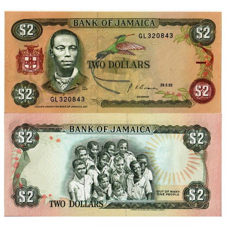 1992 * Banknote Jamaica 2 Dollars "Paul Bogle" (p69d) UNC