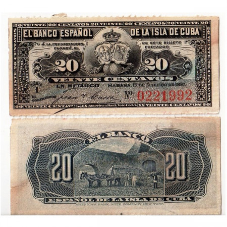 1897 * Banknote Cuba 20 Centavos "Ox Cart" (p53) XF+