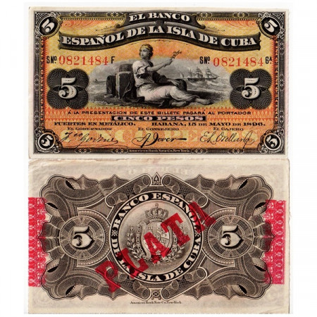 1896 * Banknote Cuba 5 Pesos "Commerce - Plata" (p48b) XF+