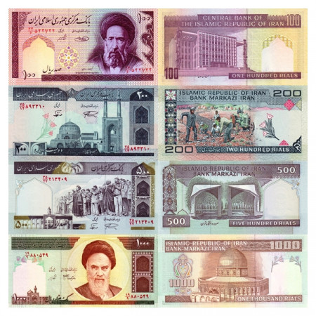 Mix * Set 4 Banknotes Iran 100, 200, 500, 1000 Rials "Islamic Republic" (p136, 137A, 140, 143) UNC