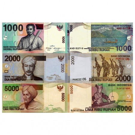 Mix * Set 3 Banknotes Indonesia 1000, 2000, 5000 Rupiah "2000-16 Issue" (p141, 142, 148) UNC