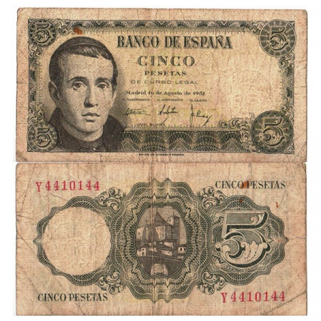 1951 * Banknote Spain 5 Pesetas "Jaime Balmes" (p140a) F+