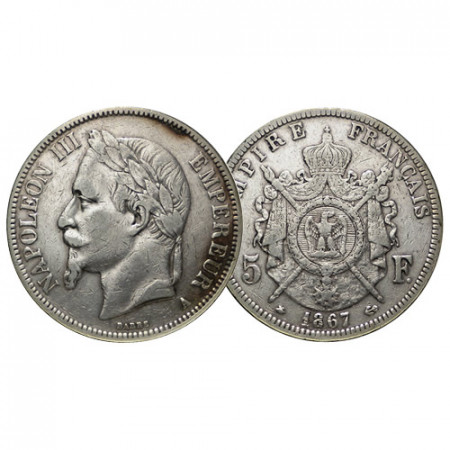 1867 A * 5 Francs Silver France "Napoleon III Laureate" - Paris (KM 799.1) F+