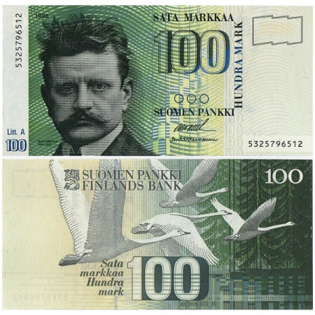 1986 (1991) A* Banknote Finland 100 Markkaa "Jean Sibelius - Litt. A" (p119) UNC