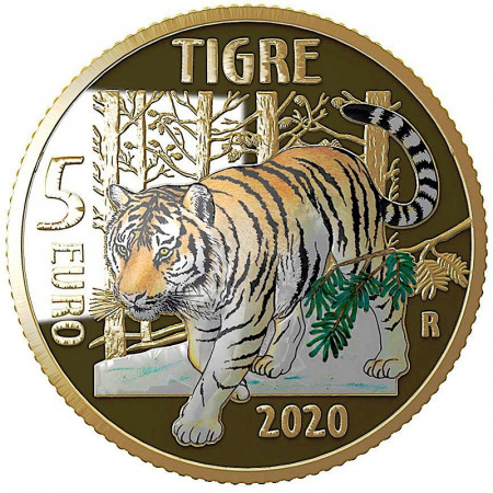 2020 * 5 Euro ITALY "Endangered Animals - Tiger" COLORED PROOF