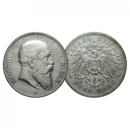 1903 G * 5 Mark Silver German States "Baden - Frederick I" (KM 274) aXF