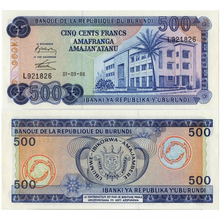 1986 * Banknote Burundi 500 Francs "Central Bank" (p30b) UNC