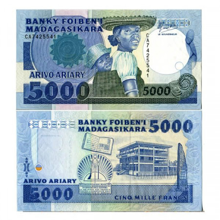 ND (1988-94) * Banknote Madagascar 5000 Francs = 1000 Ariary "Stele of Independence" (p73a) VF+