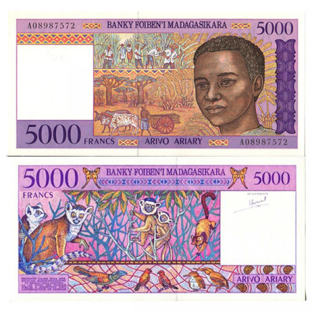 ND (1995) * Banknote Madagascar 5000 Francs = 1000 Ariary "Lemur Catta" (p78a) UNC