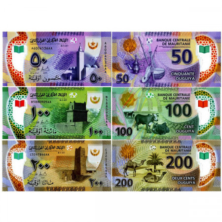 2017 * Set 3 Banknotes Polymer Mauritania 50, 100, 200 Ouguiya "Towers" (pNew) UNC