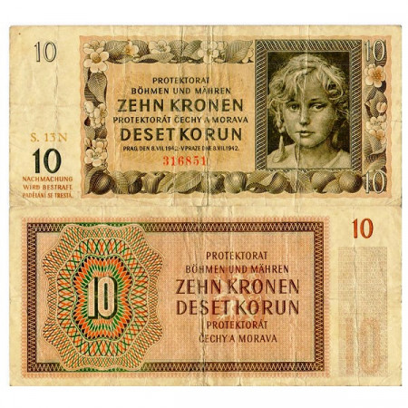 1942 * Banknote Bohemia and Moravia 10 Korun "Maiden" (p8a) aVF