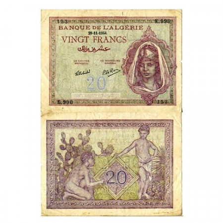 1944 * Banknote Algeria 20 Francs "Woman" (p92b) VF