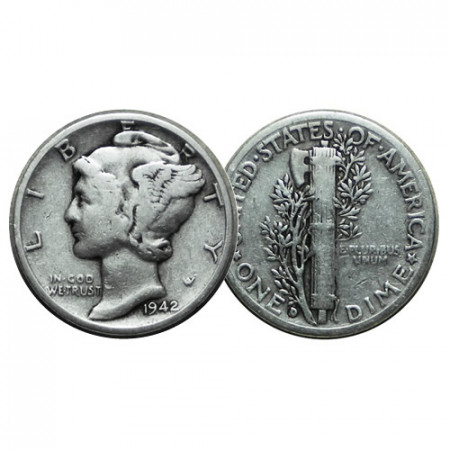 1942 D * 10 Cents (Dime) Dollar Silver United States "Mercury Dime" (KM 140) VF
