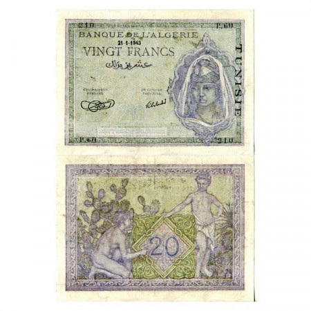 1943 * Banknote Tunisia 20 Francs "Banque de l'Algérie" (p17) aXF