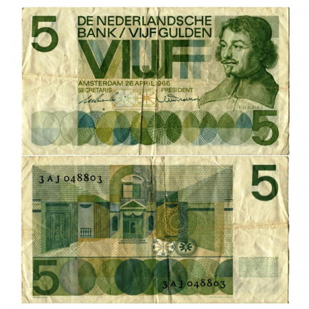 1966 * Banknote Netherlands 5 Gulden "Joost van den Vondel" (p90a) F