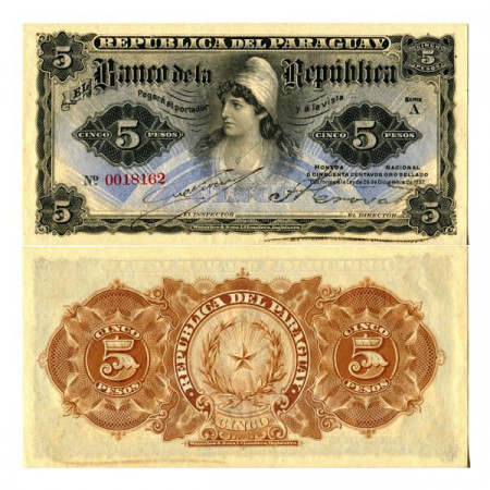 L.1907 * Banknote Paraguay 5 Pesos (1/2 Peso Oro) "Liberty" (p156) aUNC