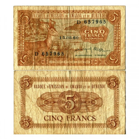 1960 * Banknote Rwanda-Burundi 5 Francs "Impala" (p1a) VF
