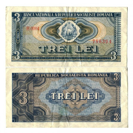 1966 * Banknote Romania 3 Lei "Socialist Republic" (p92a) VF