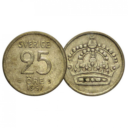 1957 * 25 Ore Silver Sweden "Gustaf VI Adolf - Large Crown" (KM 824) VF+