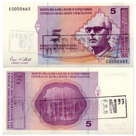 ND (1998) * Banknote Bosnia-Herzegovina 5 Convertible Maraka "Stamped Specimen - M Selimovic" (p62a) UNC