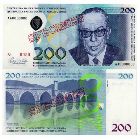 ND (2002) * Banknote Bosnia-Herzegovina 200 Convertible Maraka "Specimen – Ivo Andric" (p71s) UNC