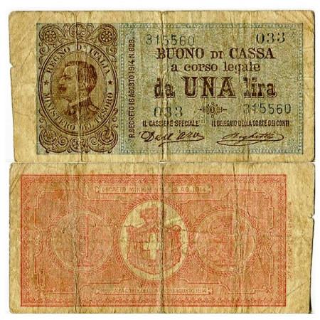 1914 (18/08) * Banknote Italy Kingdom 1 Lira "Victor Emmanuel III" Buono di Cassa BC.10 (p36a) F