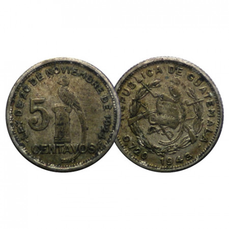1943 * 5 Centavos Silver Guatemala "Quetzal on Column" (KM 238.2) VF