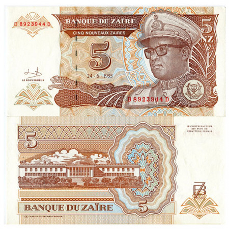 1993 * Banknote Zaire 5 Nouveaux Zaires "Mobutu Sese Seko" (p53a) UNC