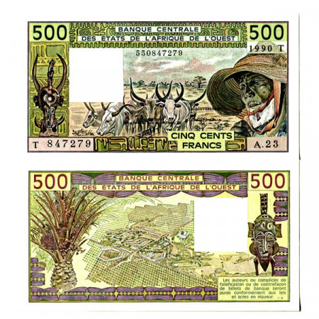 1990 T * Banknote West African States "Togo" 500 Francs "Zebus" (p806Tl) UNC