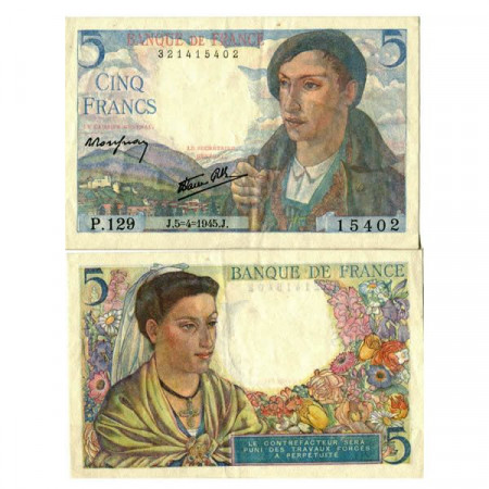 1945 * Banknote France 5 Francs "Berger" (p98a) VF+