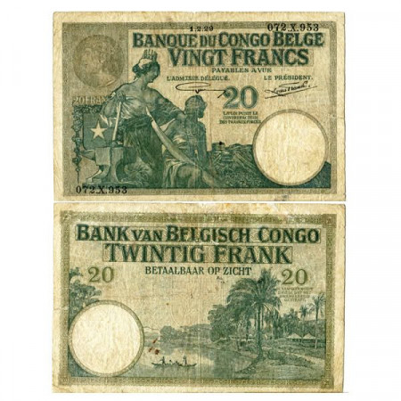 1929 * Banknote Belgian Congo 20 Francs "Belgium - Colony" (p10f) F+