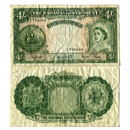 L.1936 (1953) * Banknote Bahamas 4 Shillings "Elizabeth II" (p13d) F+