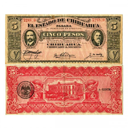 1914 C * Banknote Mexico - Mexican Revolution 5 Pesos "Estado de Chihuahua" (pS531f) VF+