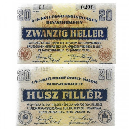1916 * Banknote Austria Austro-Hungarian Empire 20 Heller/Filler "Dunaszerdahely - POW Camp" (c1359) UNC