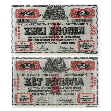 1916 * Banknote Austria Austro-Hungarian Empire 2 Kronen/Korona "Ostffyasszonyfa - POW Camp" (c1434) UNC