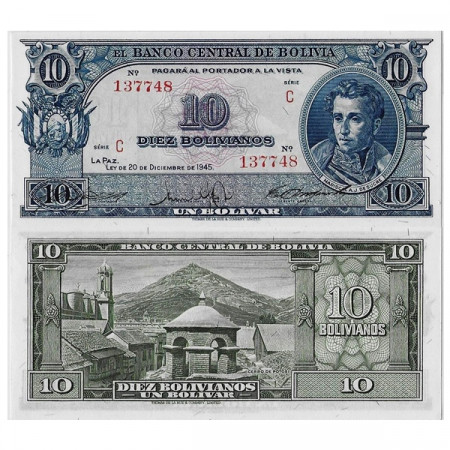 L.1945 * Banknote Bolivia 10 Bolivianos/1 Bolívar "Antonio José de Sucre" (p139c) UNC