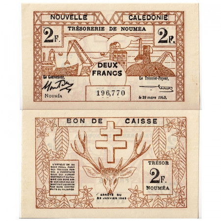 L. 1943 * Banknote New Caledonia 2 Francs "Ship Stockpile" (p56a) aUNC